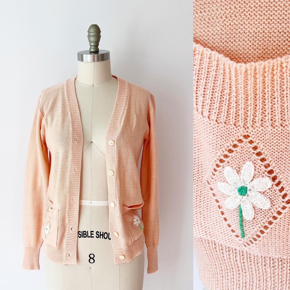 SIZE S Daisy Pocket‎ 1970s Pastel Peach Pointelle Knit Cardigan